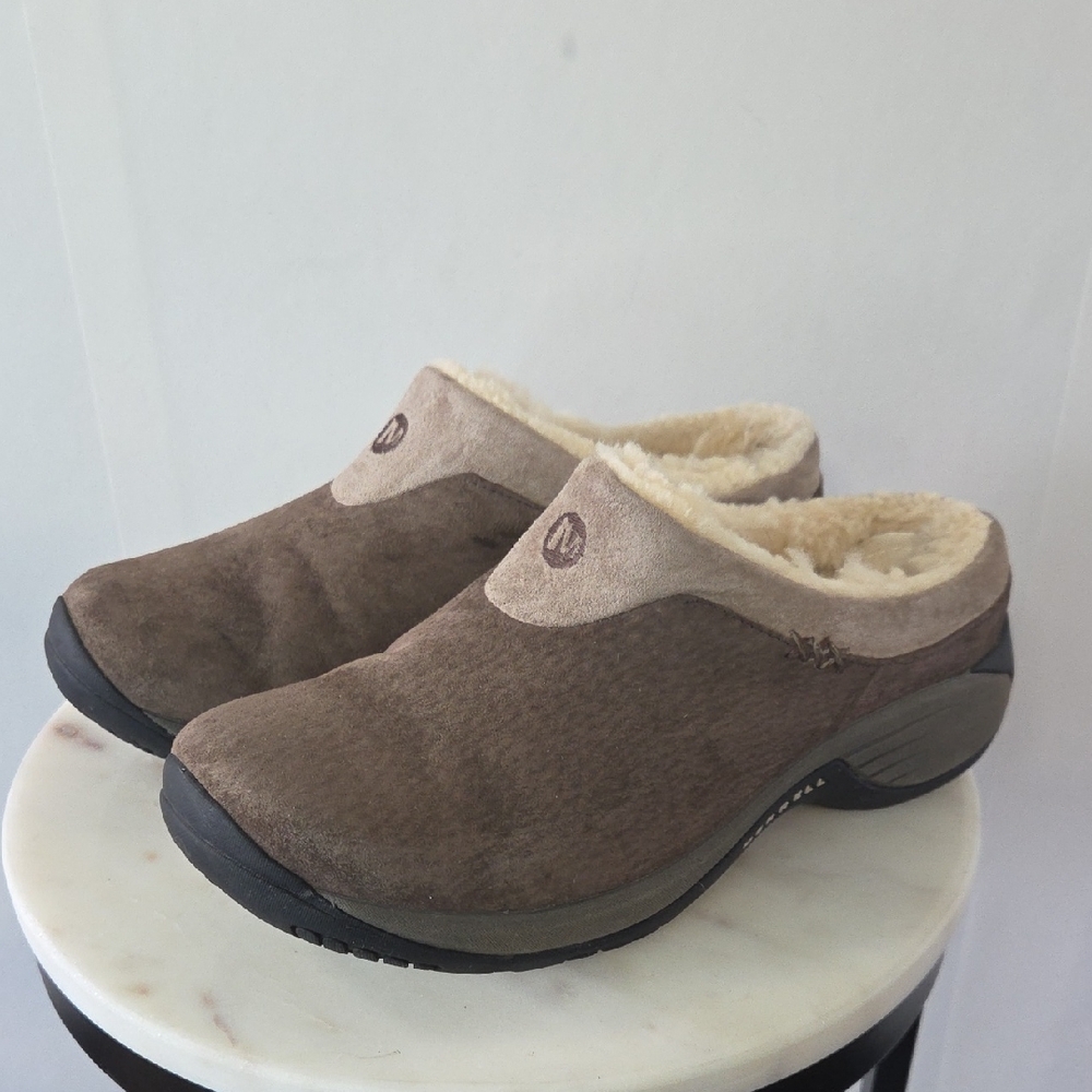 Merrell Women's Brown Faux-Suede Fur-Lined Slip-On Clogs Size 8